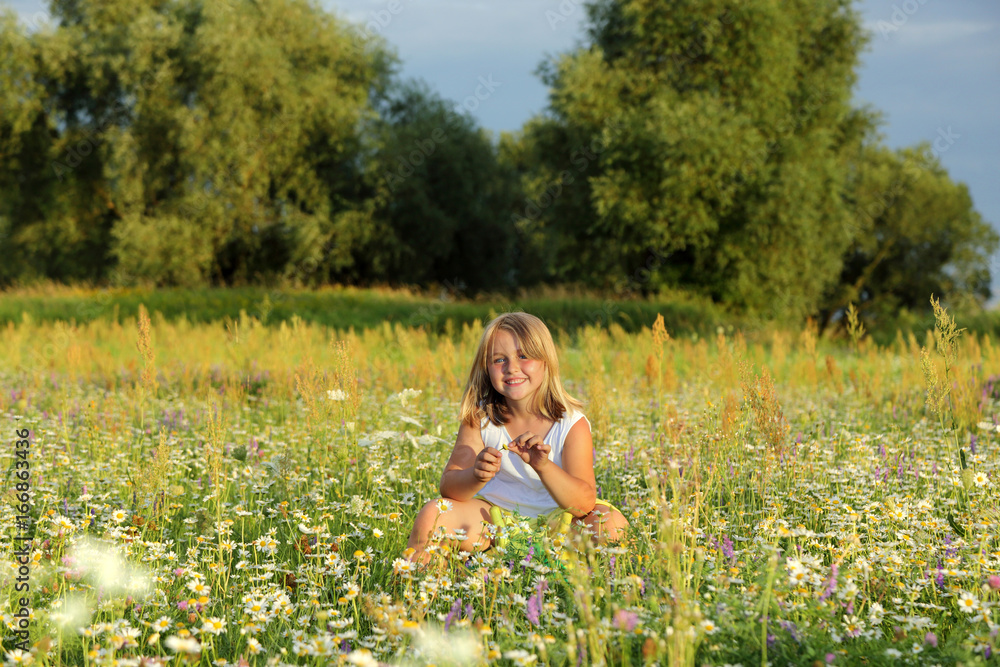 Śliczna uśmiechnięta dziewczynka bawi się kwiatami na łące. - obrazy, fototapety, plakaty 