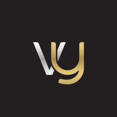 Initial lowercase letter vy, linked overlapping circle chain shape logo, silver gold colors on black background