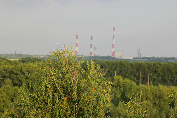 factory chimneys on background of nature