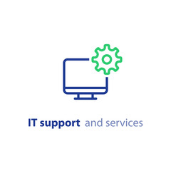 Computer upgrade, system update, software installation, repair services, IT support line icon