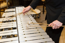 Xylophone, Percussion Instrument Concept - Closeup On Wooden Bars With Four Mallets In Human Hands, Performer In Black Dress, Glockenspiel, Orchestra Concert, Art Of Music, Selective Focus