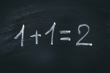 Math Simple Equation On Chalk Board. One Plus One Equals Two