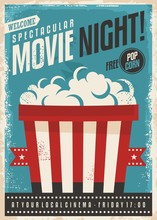 Movie Cinema Night Retro Poster Design. Popcorn Graphic With Film Strip Entertainment Brochure Template.
