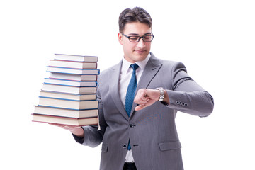 Businessman student carrying holding pile of books isolated on w