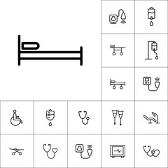 Wall Mural - thin line bed icon, medical tools set on white background