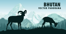 Vector Panorama Of Bhutan With Himalayan Mountain Goats