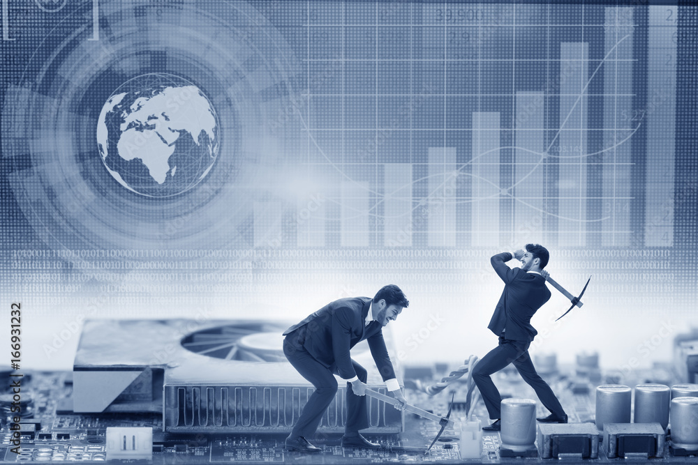 Cryptocurrency concept with businessman mining money