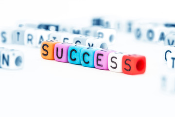 the colorful SUCCESS english alphabet cube on white background , selective focus