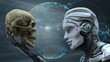 © willyam - Robot with Artificial Intelligence observing human skull in Evolved Cybernetic organism world. 3d rendered image