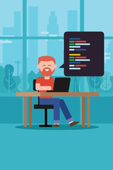 Wall Mural - coding programming script man with beard t-shirt sitting working on laptop on table