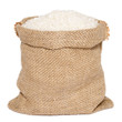 White rice in burlap sack bag isolated on white background