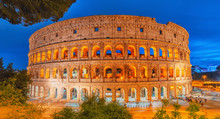 Beautiful Landscape Of The Colosseum In Rome- One Of Wonders Of The World  In The Evening Time. Italy.
