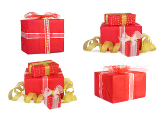 Holiday set gift boxes decorated with bows and ribbons