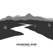 Vector Illustration: Monochrome Mountains Landscape With White River.
