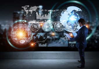 Wall Mural - Businessman watching graph screens interface on a rooftop 3D rendering