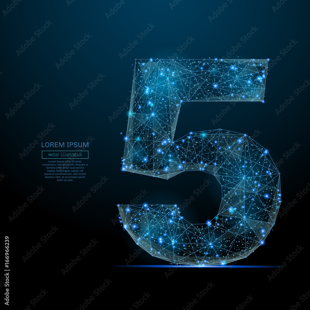 Abstract image of a number five in the form of a starry sky or space, consisting of points, lines, and shapes in the form of planets, stars and the universe. Vector digit 5 wireframe concept. - obrazy, fototapety, plakaty 