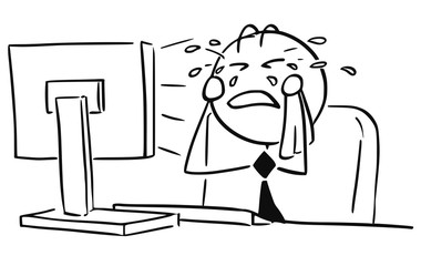 cartoon illustration of office worker clerk manager crying in front of the computer