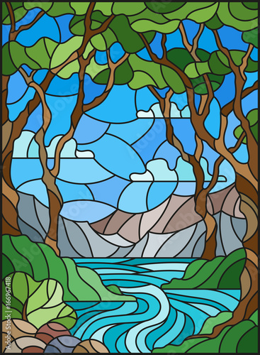 ilustracja-w-stylu-witrazu-ze-skalistym-creek-w-tle-sunny