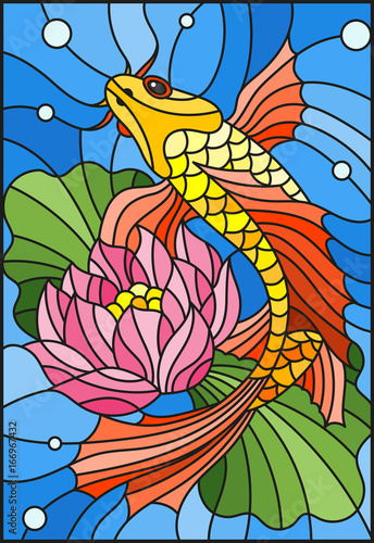 ilustracja-w-stylu-witraza-ze-zlota-rybka-i-kwiat-lotosu-przeciwko-wodzie-i