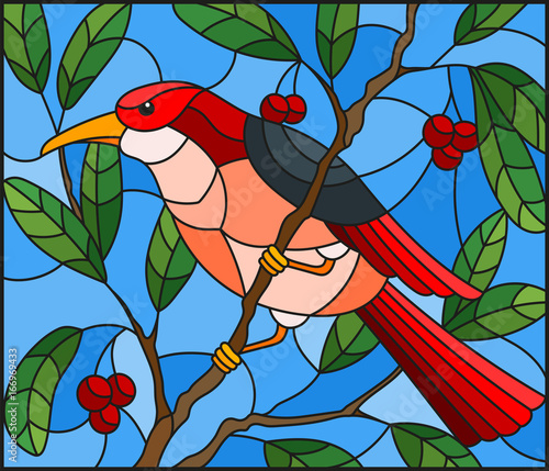 ilustracja-w-stylu-witrazu-z-pieknym-czerwonym-ptakiem-na-tle