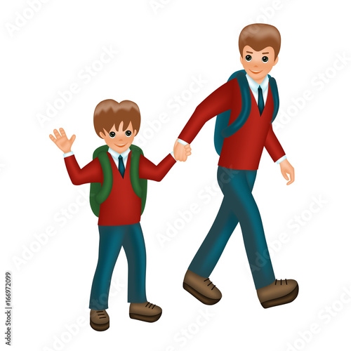 The Eldest Boy Leads The Younger To School Brothers In School Uniform Go Hand In Hand Back To School Cartoon Character Isolated On White Background Buy This Stock Vector And Explore