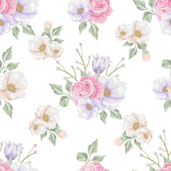  Floral seamless pattern with soft pink  bouquets of flowers.  Vector hand drawn background.