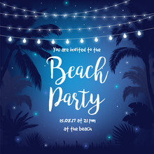 Beach Party Vector Illustration With Beautiful Night Starry Sky, Palms, Leaves And Hanging Party Lights