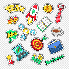 business team work doodle. finance and creative idea stickers, badges and patches. vector illustrati