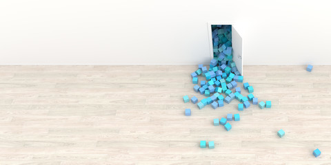 Wall Mural - Infinite colored cubes getting out of a door, original 3d rendering