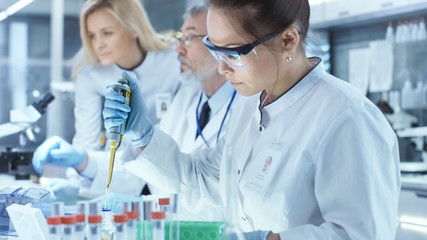 Team of Research Scientists Working With Personal Computer, Analysing Test Trial New Generation Drug Data and Using Micropipette for Filling Test Tubes. They Work in a Modern Laboratory Center.