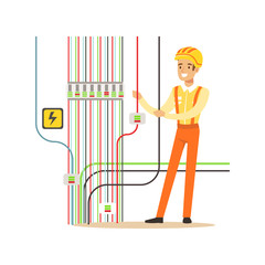 Wall Mural - Professional electrician man character repairing electricity power station, electrical works vector Illustration