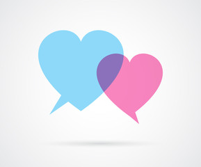 Heart shaped love speech bubbles. Male and female concept. Dialog. Vector illustration
