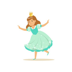 Sticker - Beautifull little girl princess in a light blue ball dress and golden crown, fairytale costume for party or holiday vector Illustration