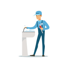 Proffesional Plumber Man Character With Monkey Wrench Repairing Faucet Tap, Plumbing Work Vector Illustration