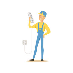 Wall Mural - Professional electrician man character standing and holding extension triple cord, electrical works vector Illustration