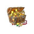 vector opened wooden treasure chest full of golden coins, gems jewelry. Isolated illustration on a white background. Flat cartoon symbol of adventure, pirates, risk profit and wealth.