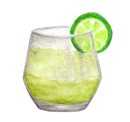 Hand painted watercolor of Cold fresh lemonade drink with lime isolated on white background , with clipping path