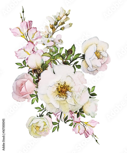 Watercolor Flowers Isolated On White Background Floral Illustration In Pastel Colors Rose Bouquet Of Flowers Leaf And Buds Cute Composition For Wedding Or Greeting Card Stock Illustration Adobe Stock Watercolor Flowers Isolated On White Background Floral Illustration In Pastel Colors Rose Bouquet Of Flowers Leaf And Buds Cute Composition For Wedding Or Greeting Card Stock Illustration Adobe Stock