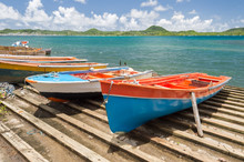 Colorful Fishing Boats In Martinique, Baie Du Marin., Caribbean.