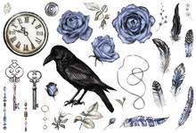 Large Watercolor, Gothic Set With A Crow, Blue  Roses, Keys, Feathers, Clock,  Jewelry. Flowers And A Bird In A Tattoo Style. Illustration Isolated On White Background. Vintage.