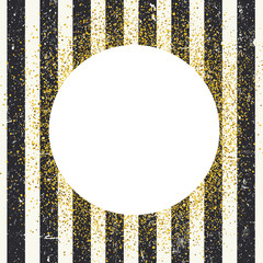 Aufkleber - Invitation card design template. Vertical aged black lines seamless pattern and white circle shaped copyspace with golden chaotic dots.