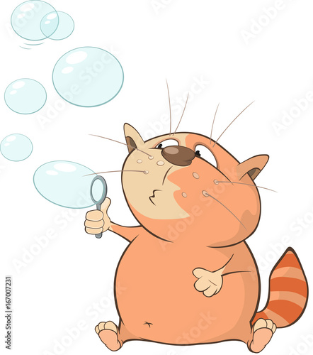 Illustration Of A Cute Cat Blowing Bubbles Cartoon Character