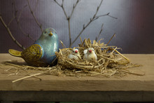 Bird And Flapper In The Nest, Ceramic Doll On The Wooden Plank
