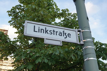 Linkstraße street sign in Berlin, Germany. The Linkstrasse is located in the district of Tiergarten, in the city centre