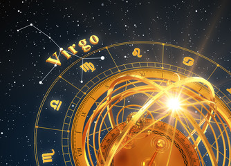 Wall Mural - zodiac sign virgo and armillary sphere on blue background