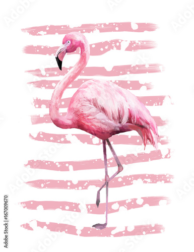 Foto-Gardine - Tropical summer geometric poster design with grunge textures. Watercolor pink bird - flamingo. Exotic Abstract background, vintage. Hand painted illustration. doodles retro (von lisima)
