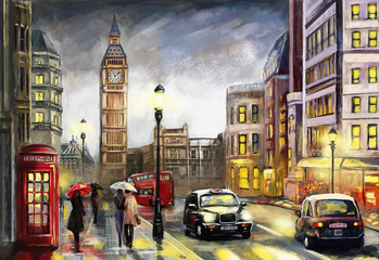 oil painting on canvas, street view of london. artwork. big ben. couple and red umbrella, bus and ro