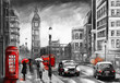 canvas print picture - oil painting on canvas, street view of london. Artwork. Big ben. couple and red umbrella, bus and road, telephone. Black car - taxi. England