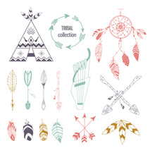 Tribal Collection Of Hand Drawn Elements In Boho Style. Feather, Tipi And Arrows. Vector Illustration.