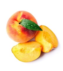 Sticker - Ripe peach with peach slices .